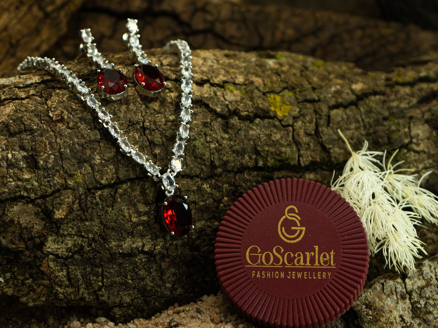 Silver Zircon Necklace Set with Red Stone Pendant – Premium Festive Jewelry.