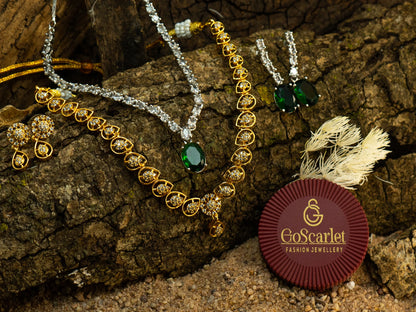 Green Stone Silver Zircon Necklace with Gold Necklace Combo – Elegant Occasion Set.