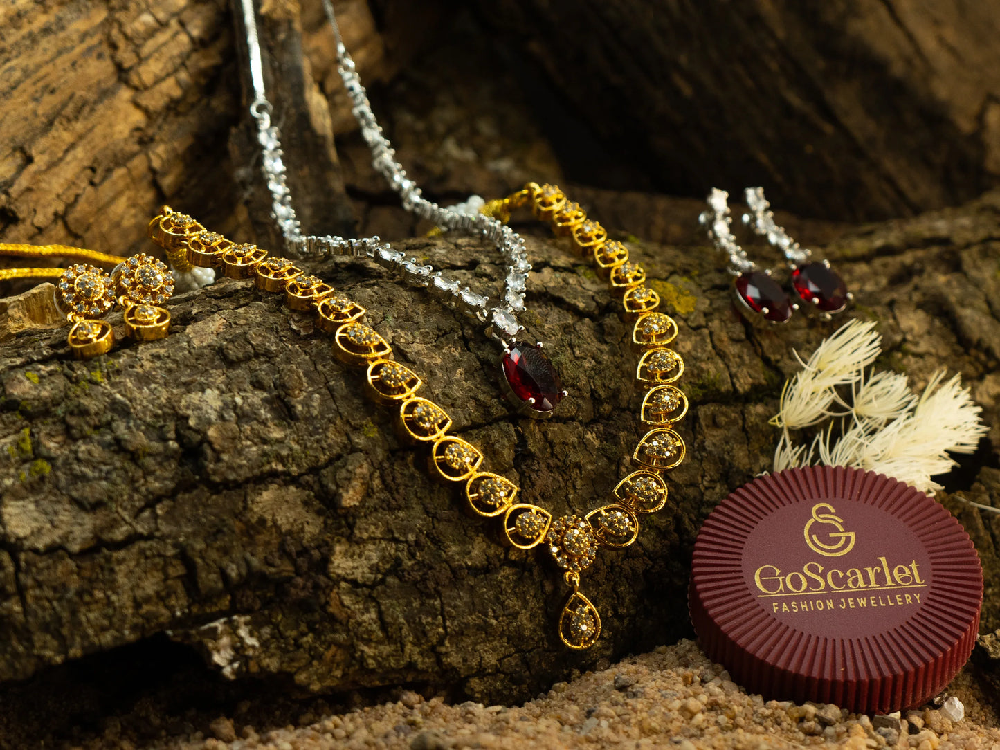 Red Stone Silver Zircon Necklace with Gold Necklace Combo – Festive Jewelry Set.