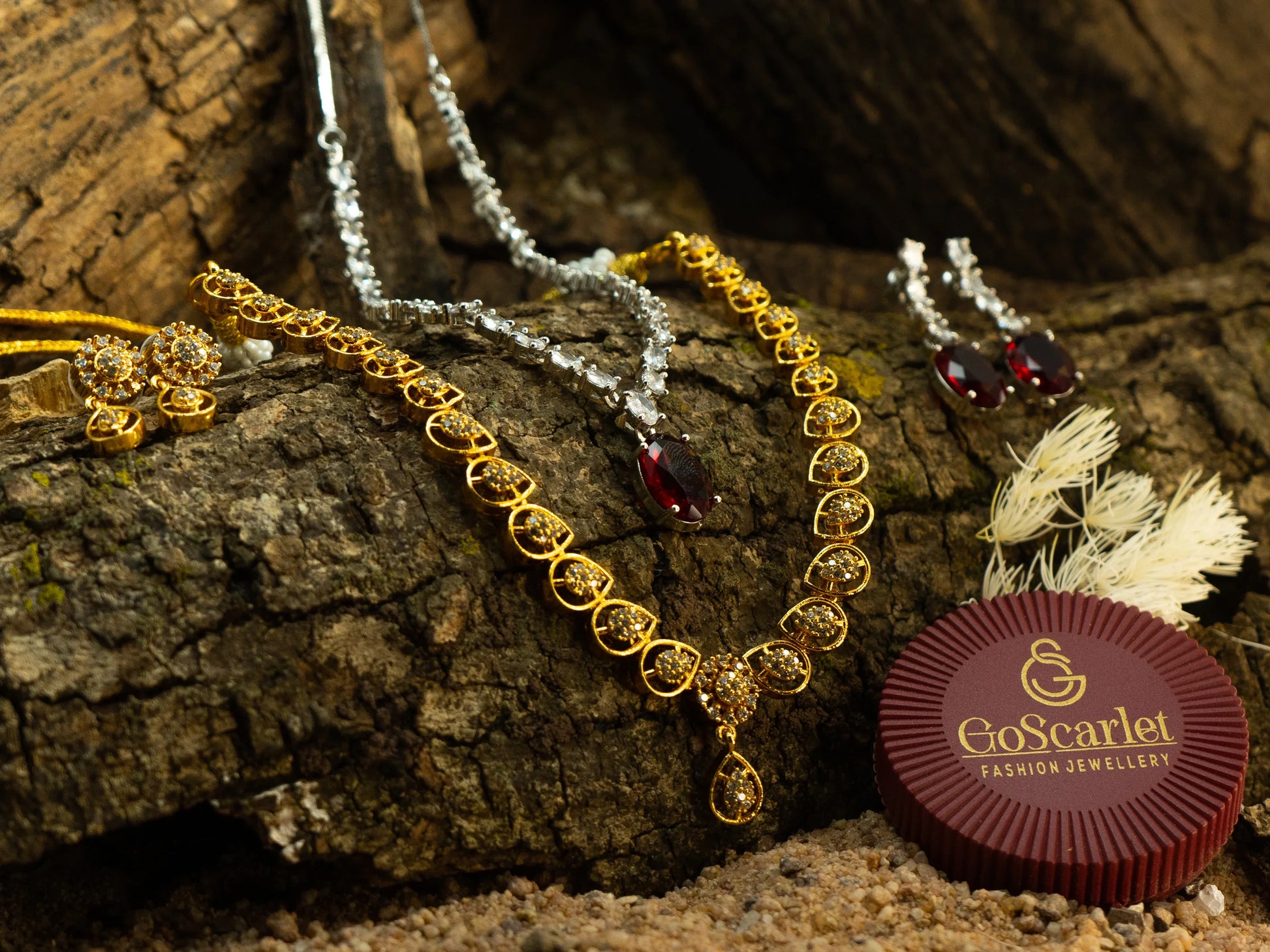 Red Stone Silver Zircon Necklace with Gold Necklace Combo – Festive Jewelry Set.
