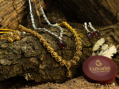 Red Stone Silver Zircon Necklace with Gold Necklace Combo – Festive Jewelry Set.