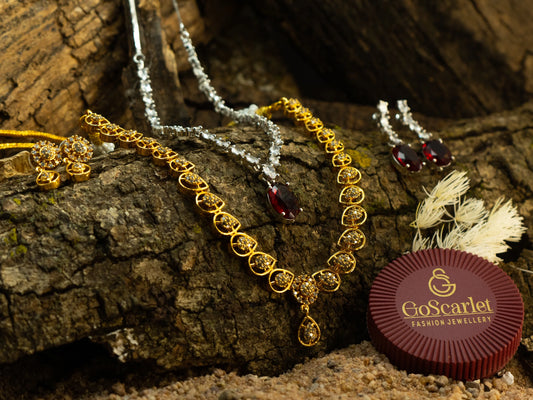 Red Stone Silver Zircon Necklace with Gold Necklace Combo – Festive Jewelry Set.